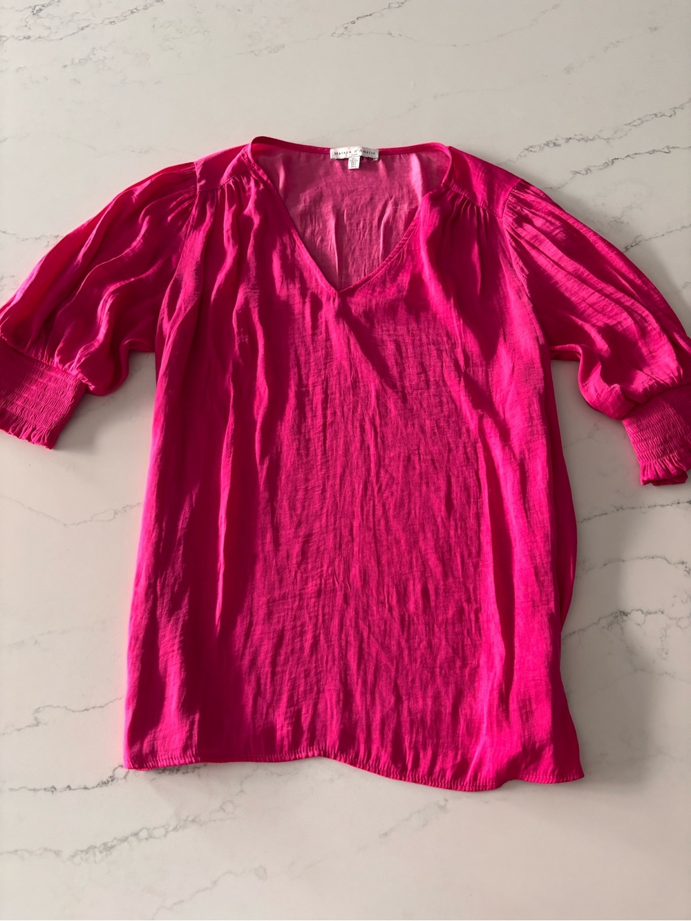 Women's V-Neck Puff Sleeve Blouse in Fuchsia - Picture 2 of 7